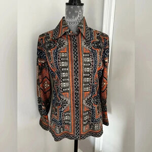 VTG 1970’s Women’s Paisley Geometric Orange Blue Button Down. Pointed Collar.
